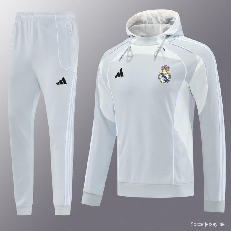 25/26 جاكيت هودي ريال مدريد بغطاء رأس كامل بسحاب + بنطلون طويل