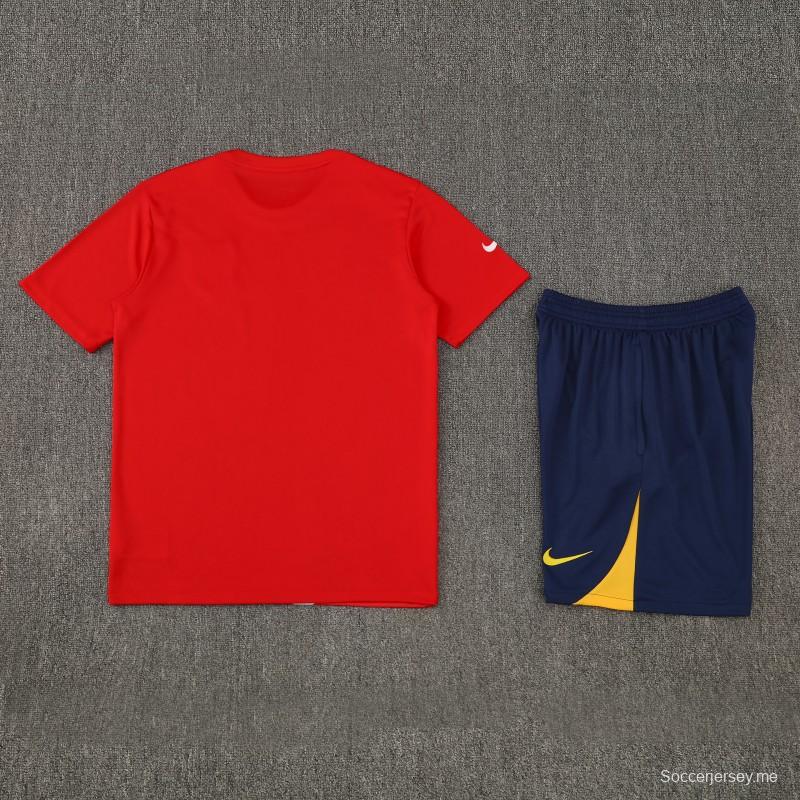 25/26 أتليتيكو مدريد أحمر/أبيض مخطط بأكمام قصيرة + شورت قصير الأكمام/أبيض