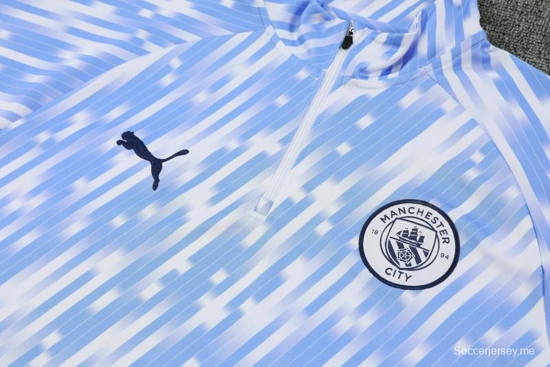 25/26 مانشستر سيتي أبيض مع خطوط زرقاء سماوية مخططة قطريًا نصف سحاب جاكيت رياضي + بنطال طويل