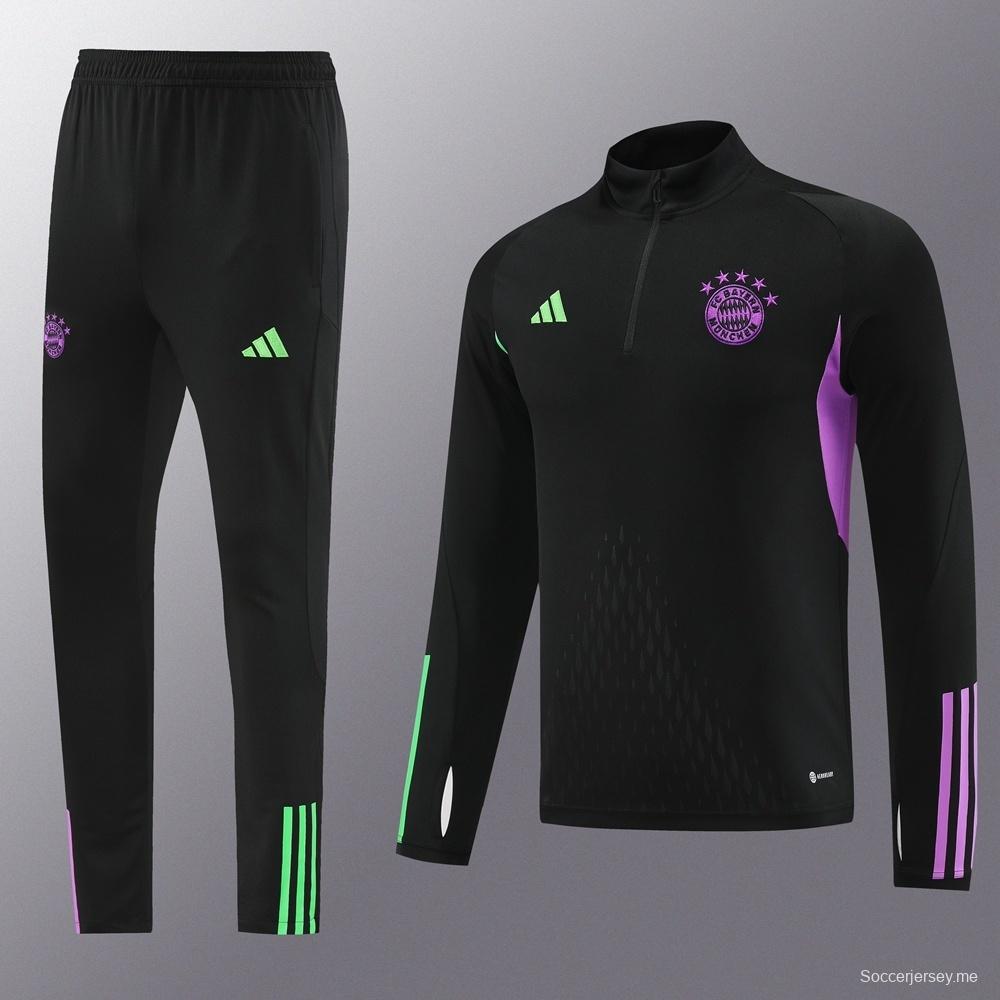 23/24 بايرن ميونخ أسود S-2XL أسود جاكيت نصف سحاب + بنطلون طويل + بنطلون طويل