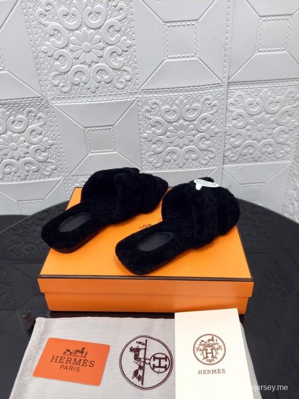 H Teddie Wool H Slippers Flat Sole Fur Slides - LY00240