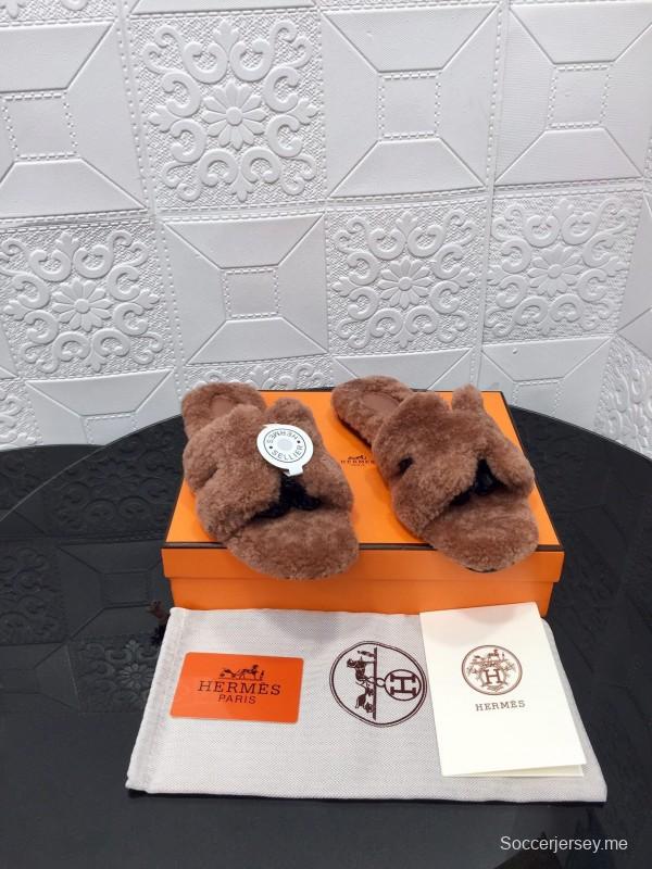 H Eiderdown Teddy Wool H Slippers Flat Sole Winter Home Shoes - LY00240