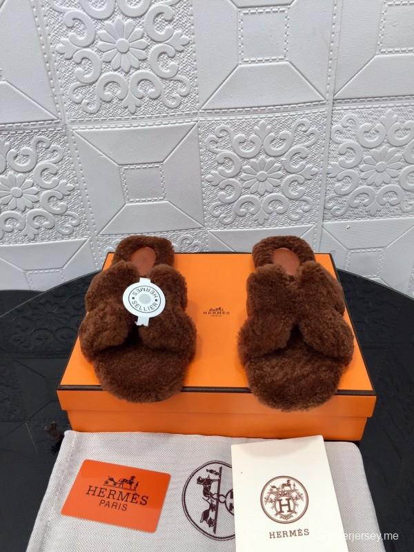 H Teddy Wool H Slippers Flat Sole Winter Fur Slippers - LY00240