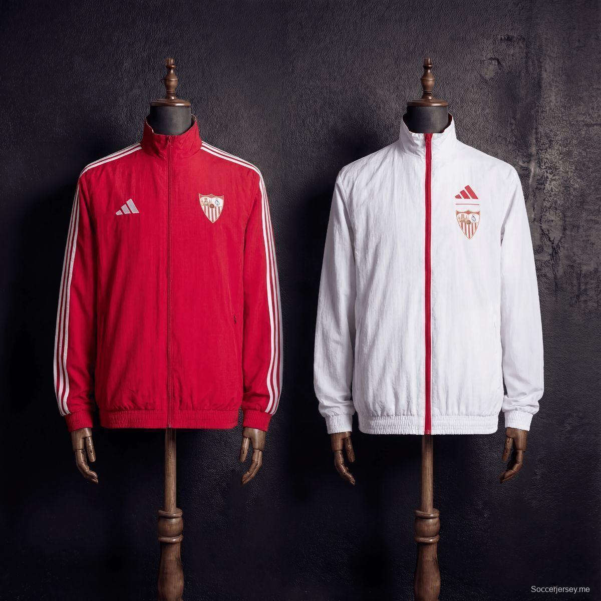 2026 سترة سيفاليا FC حمراء وبيضاء قابلة للانعكاس بسحاب كامل