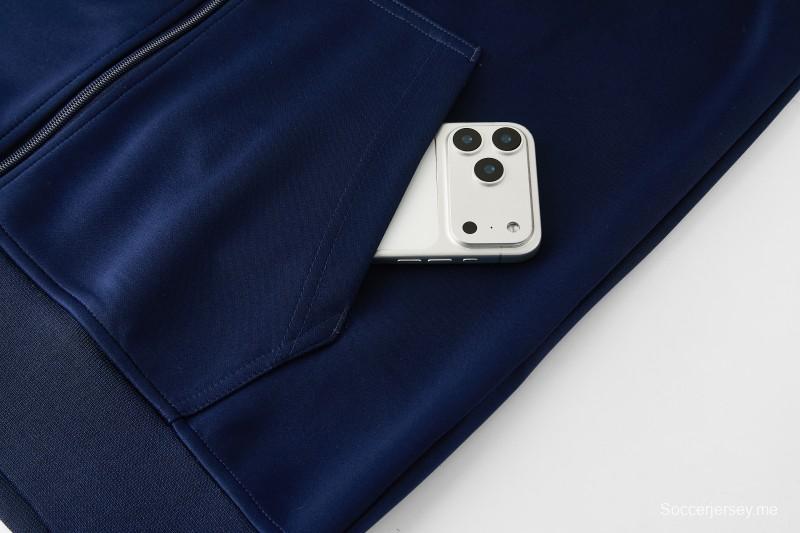 2026 سترة أديداس باللون الأزرق الداكن بسحاب كامل + بنطال طويل