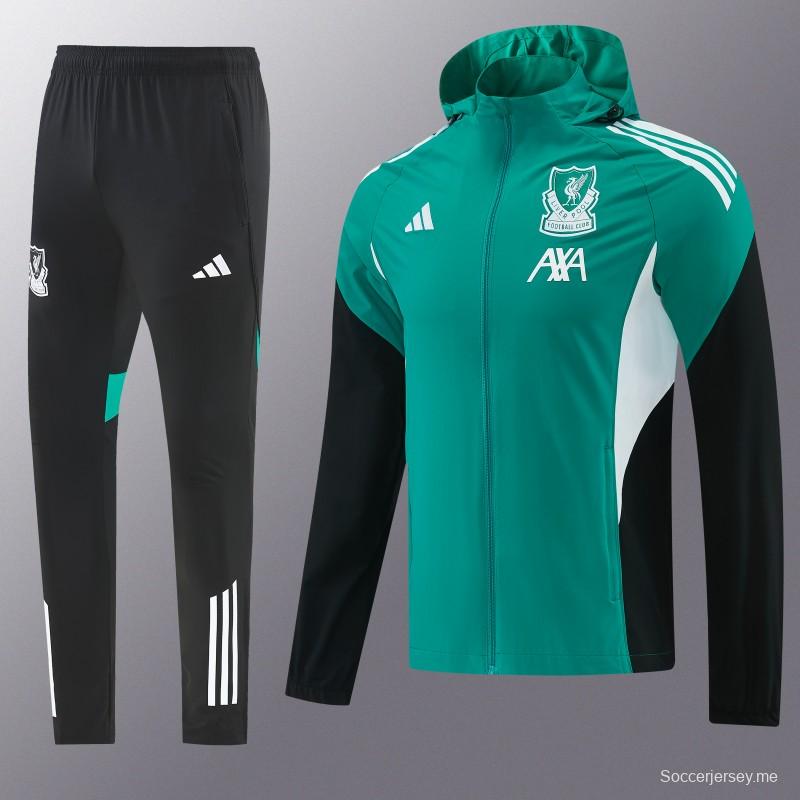 26/27 طقم رياضي من ليفربول باللون الأخضر مع سترة بغطاء رأس وسحاب كامل + بنطال طويل أسود