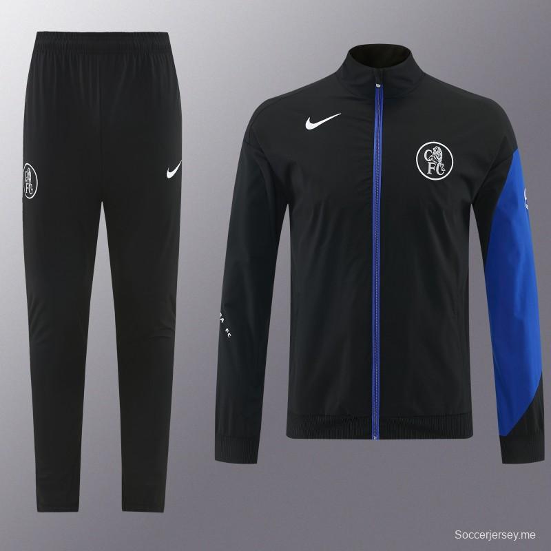 26/27 طقم رياضي من تشيلسي باللون الأسود مع سترة بغطاء رأس وسحاب كامل + بنطال طويل