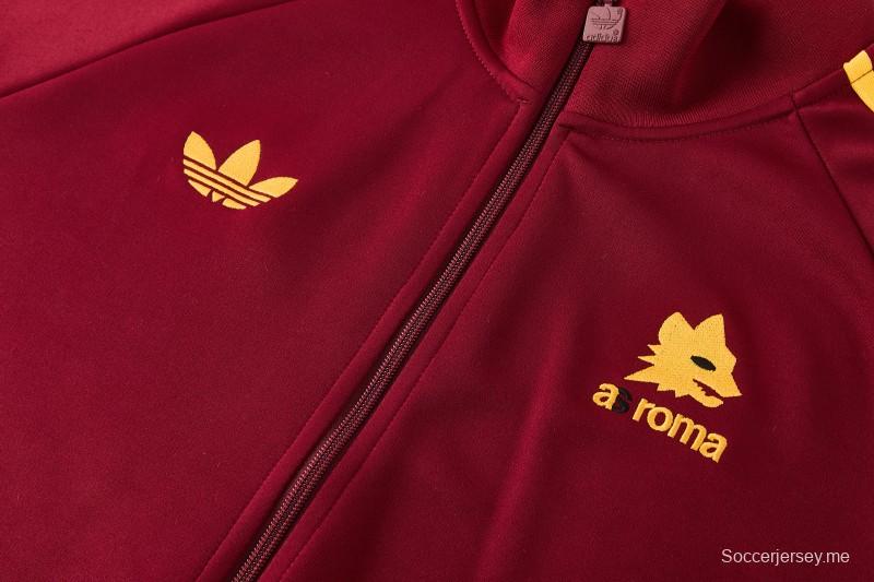 2026/27 AS Roma - طقم رياضي باللونين العنابي والذهبي مع سترة بسحاب كامل + بنطال طويل أسود