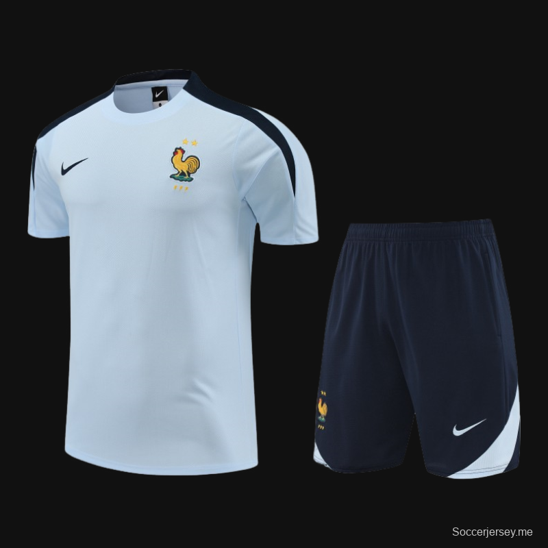 2024 فرنسا 2024 قميص بأكمام قصيرة قطن أزرق فاتح + شورت قطني أزرق فاتح
