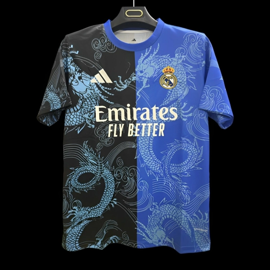 قميص ريال مدريد 25/26 أزرق وأسود بتصميم التنين المنفصل