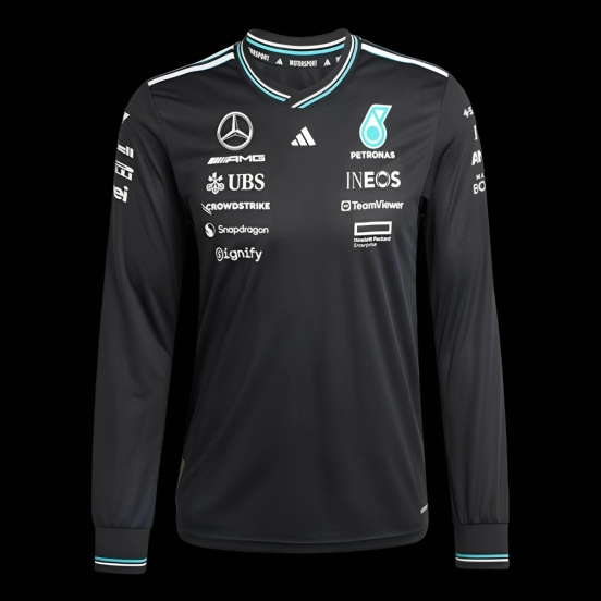 2026 فريق مرسيدس-AMG Petronas F1 F1 فريق مرسيدس-AMG للفورمولا 1 قميص بأكمام طويلة أسود بحواف مزينة باللون الأزرق المخضر