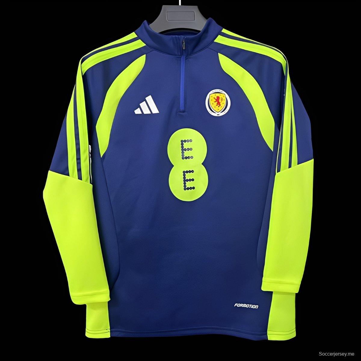 2026 جاكيت اسكتلندا 2026 أزرق داكن مع خطوط منحنية صفراء نيون بسحاب نصف منحنية