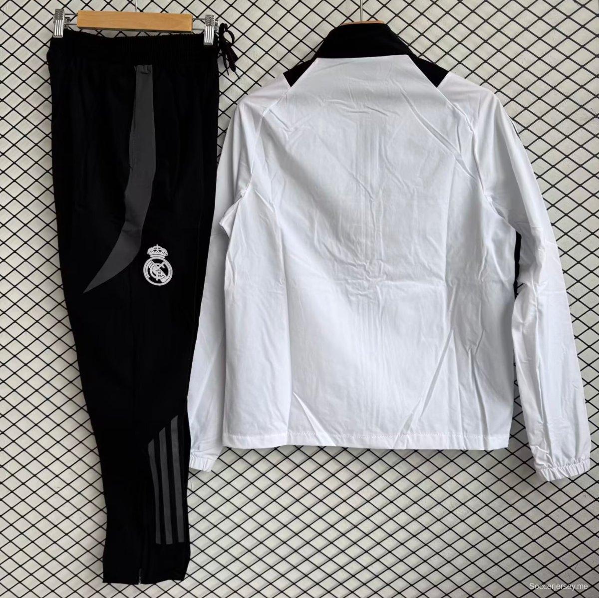 25/26 ريال مدريد أبيض مع أسود سترة بسحاب كامل بدلة رياضية + بنطال طويل