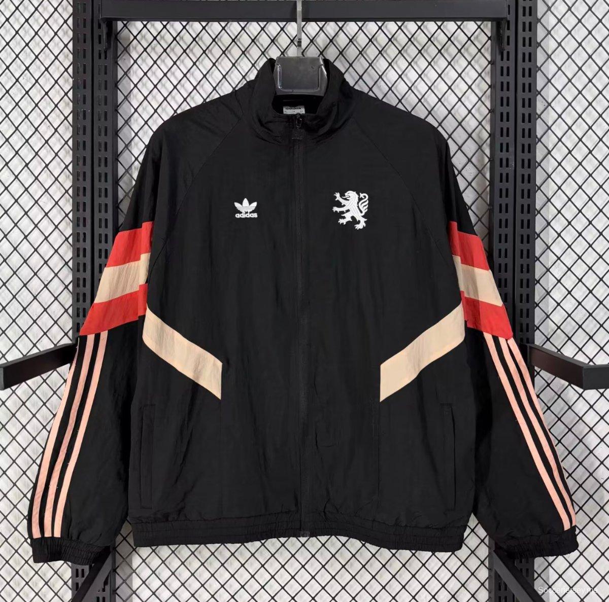 25/26 مانشستر يونايتد أسود/أبيض سترة واقية من الرياح بسحاب كامل